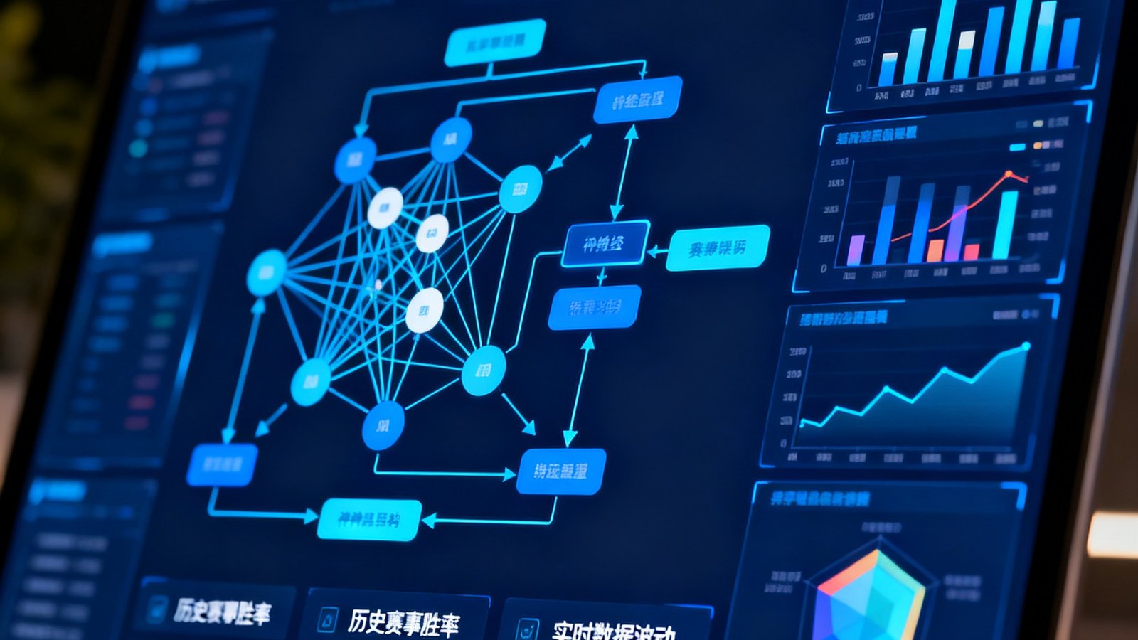 AI赛事预测技术展示界面，屏幕显示复杂的预测模型和数据可视化图表