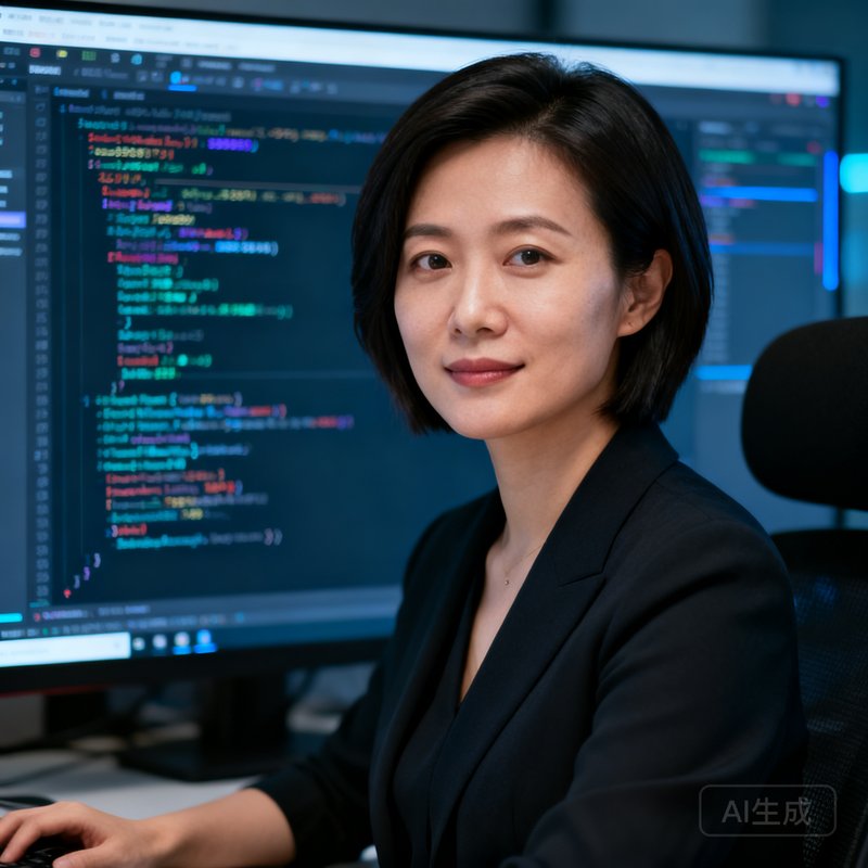 雷速比分网技术总监陈敏，短发干练女性，背景为代码编辑器界面，屏幕上显示实时数据流