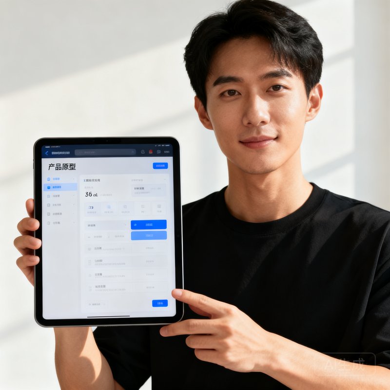 雷速比分网产品负责人王浩，年轻男性形象，手持平板电脑展示产品原型界面
